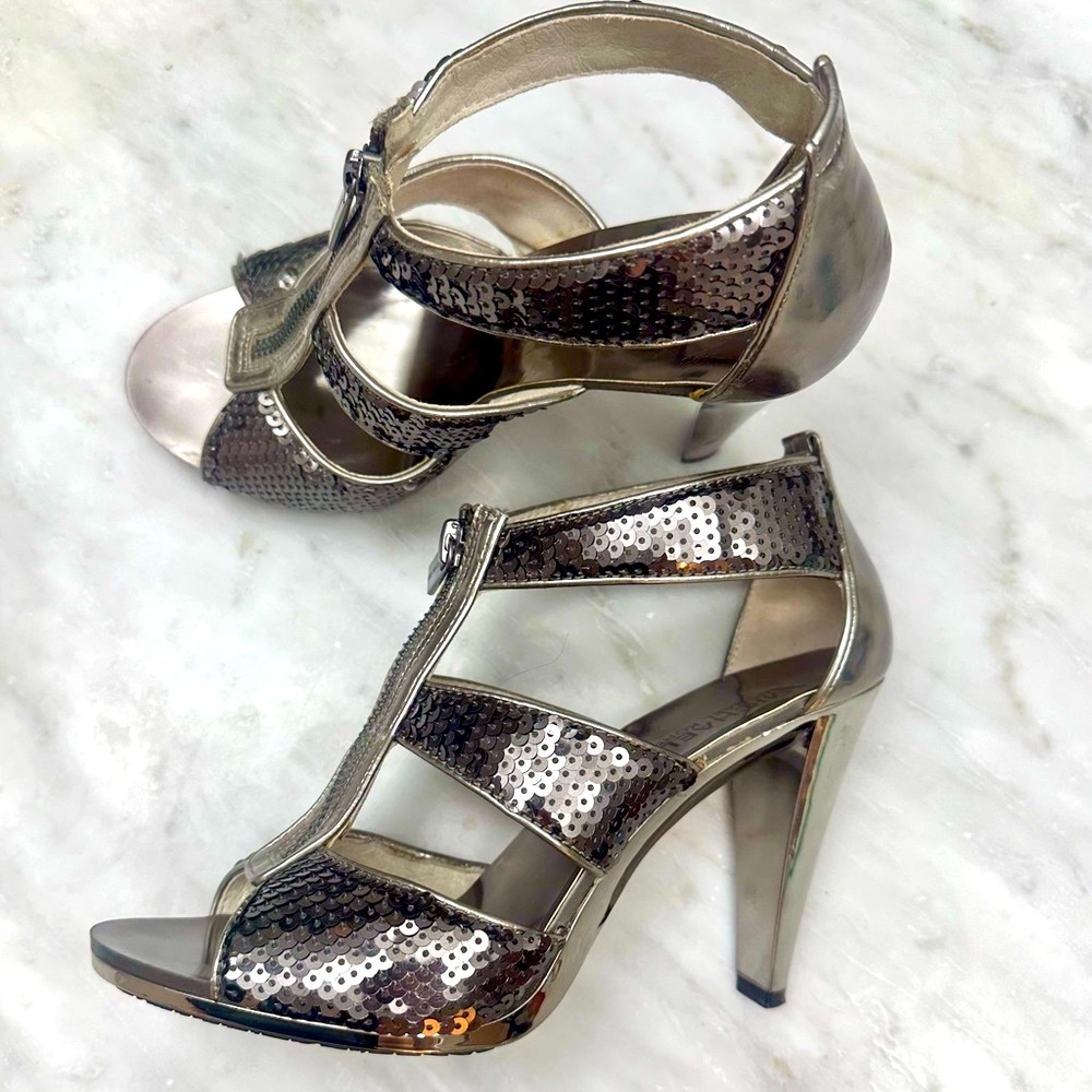 Michael Kors Sequins Berkley T Strap 
Gunmetal Silver Sequined Peep Toe Heel
